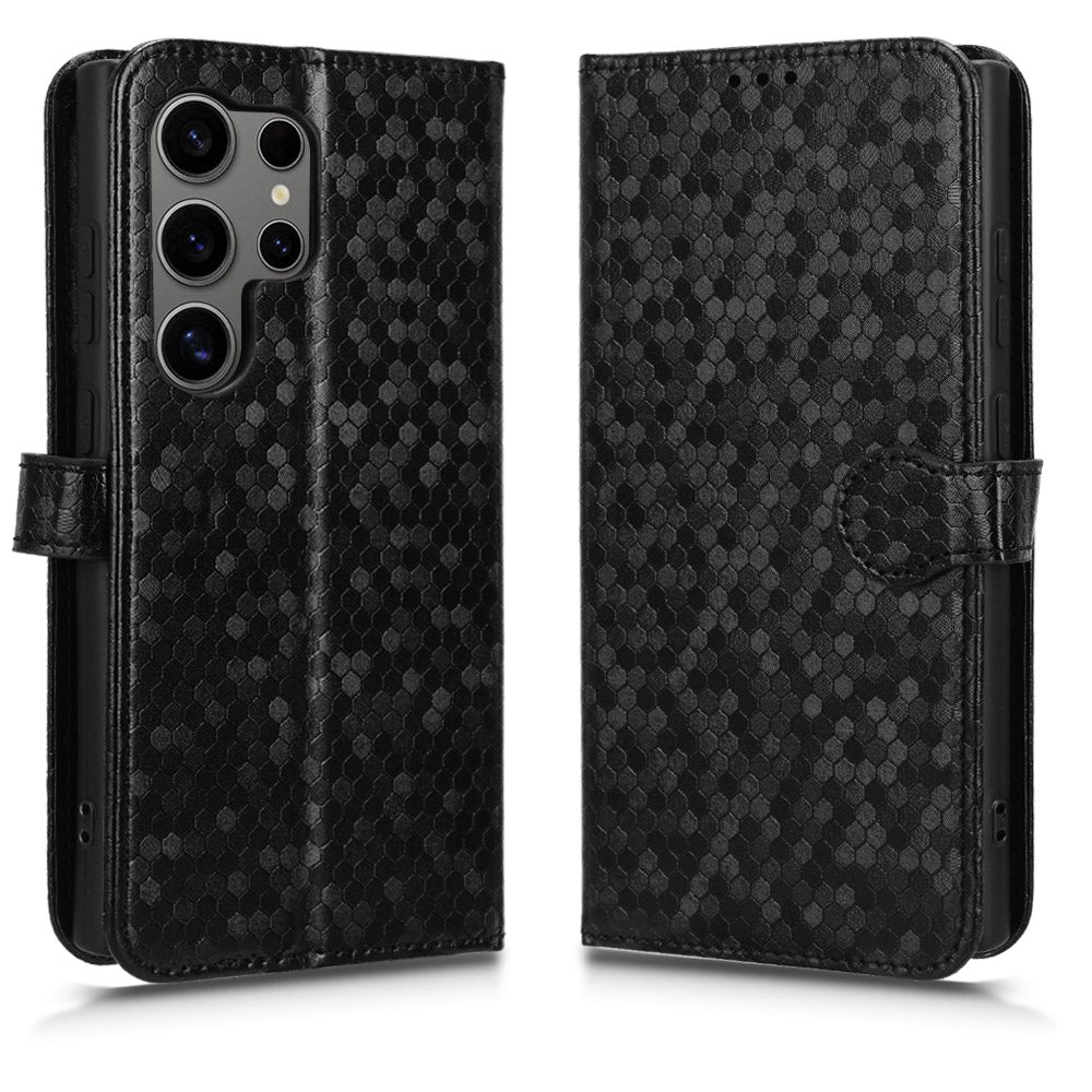 For Samsung Galaxy S24 Ultra Cell Phone Case PU Leather Wallet Imprinted Foldable Stand Cover - Black