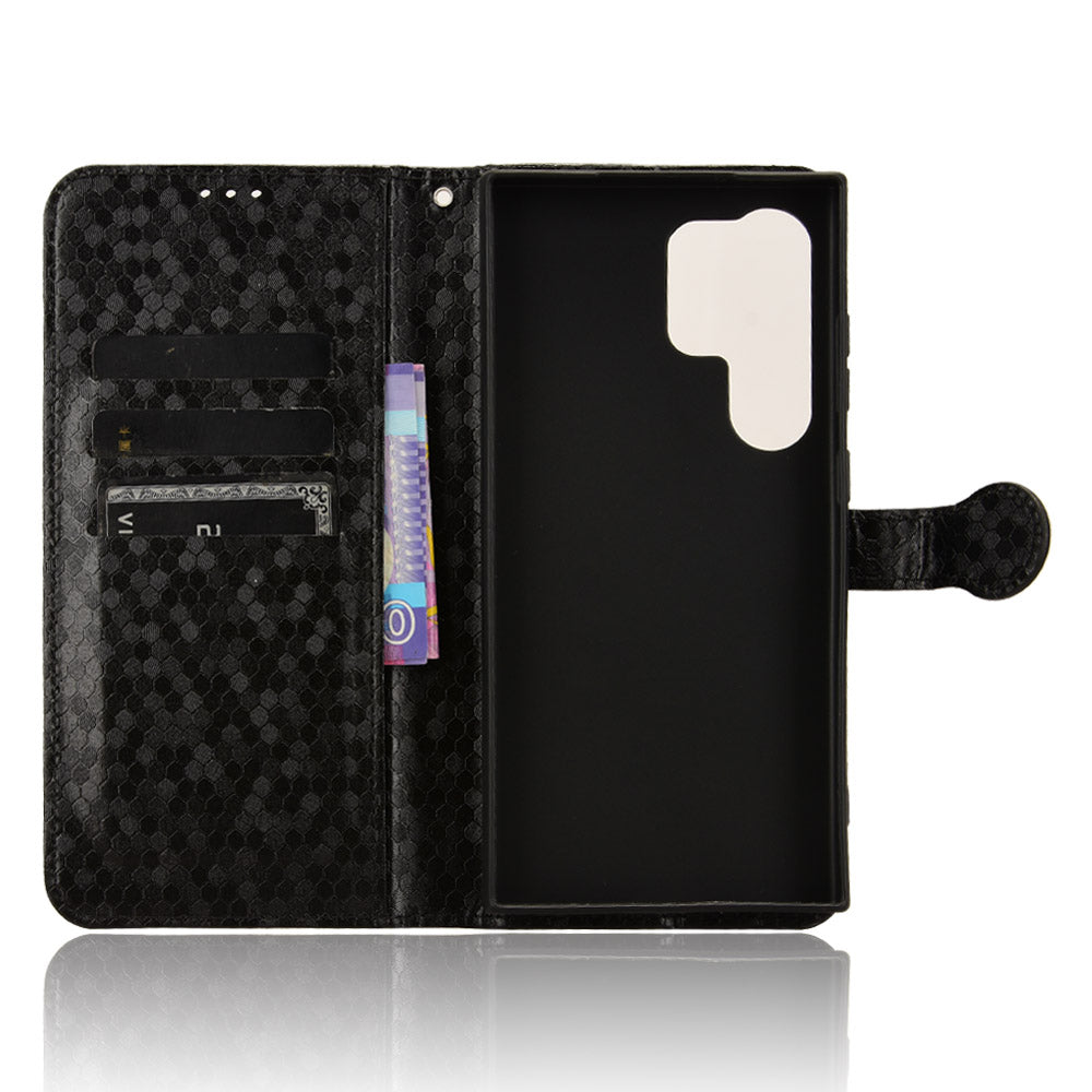 For Samsung Galaxy S24 Ultra Cell Phone Case PU Leather Wallet Imprinted Foldable Stand Cover - Black