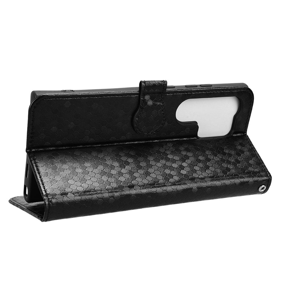 For Samsung Galaxy S24 Ultra Cell Phone Case PU Leather Wallet Imprinted Foldable Stand Cover - Black
