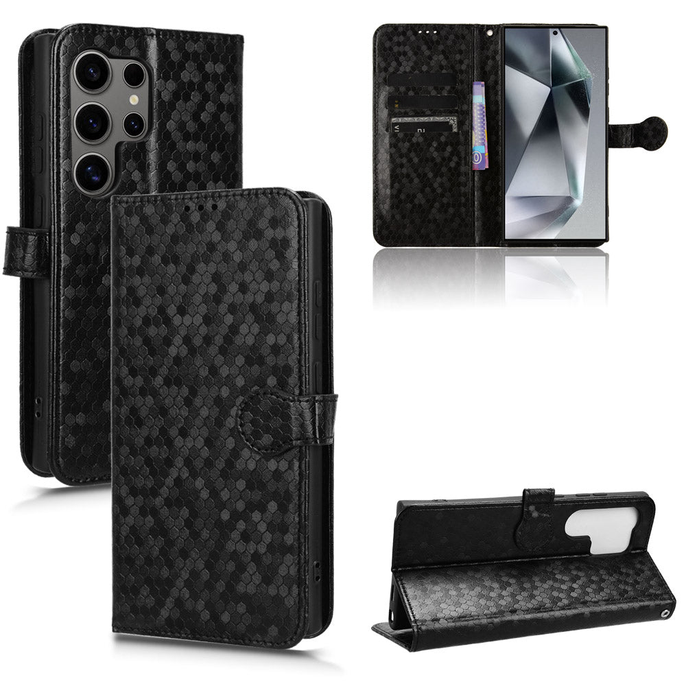 For Samsung Galaxy S24 Ultra Cell Phone Case PU Leather Wallet Imprinted Foldable Stand Cover - Black