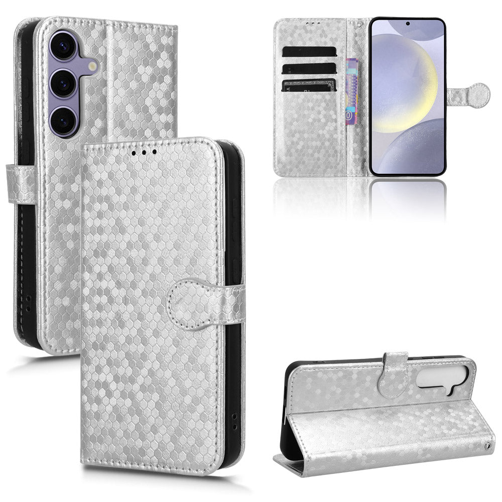 For Samsung Galaxy S24 Cover Dot Imprinted Shockproof Leather Wallet Stand Mobile Phone Case - Silver