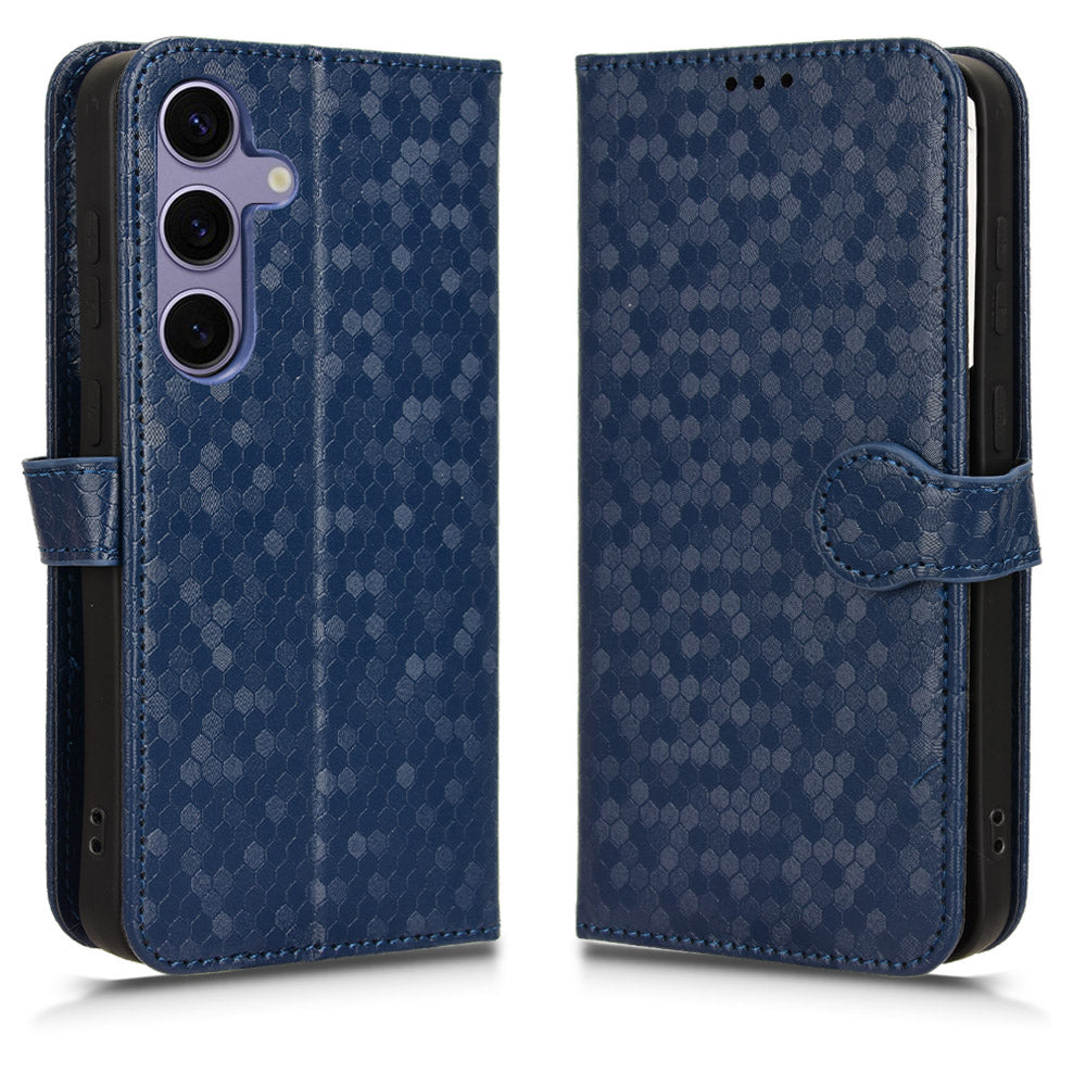 For Samsung Galaxy S24 Cover Dot Imprinted Shockproof Leather Wallet Stand Mobile Phone Case - Dark Blue