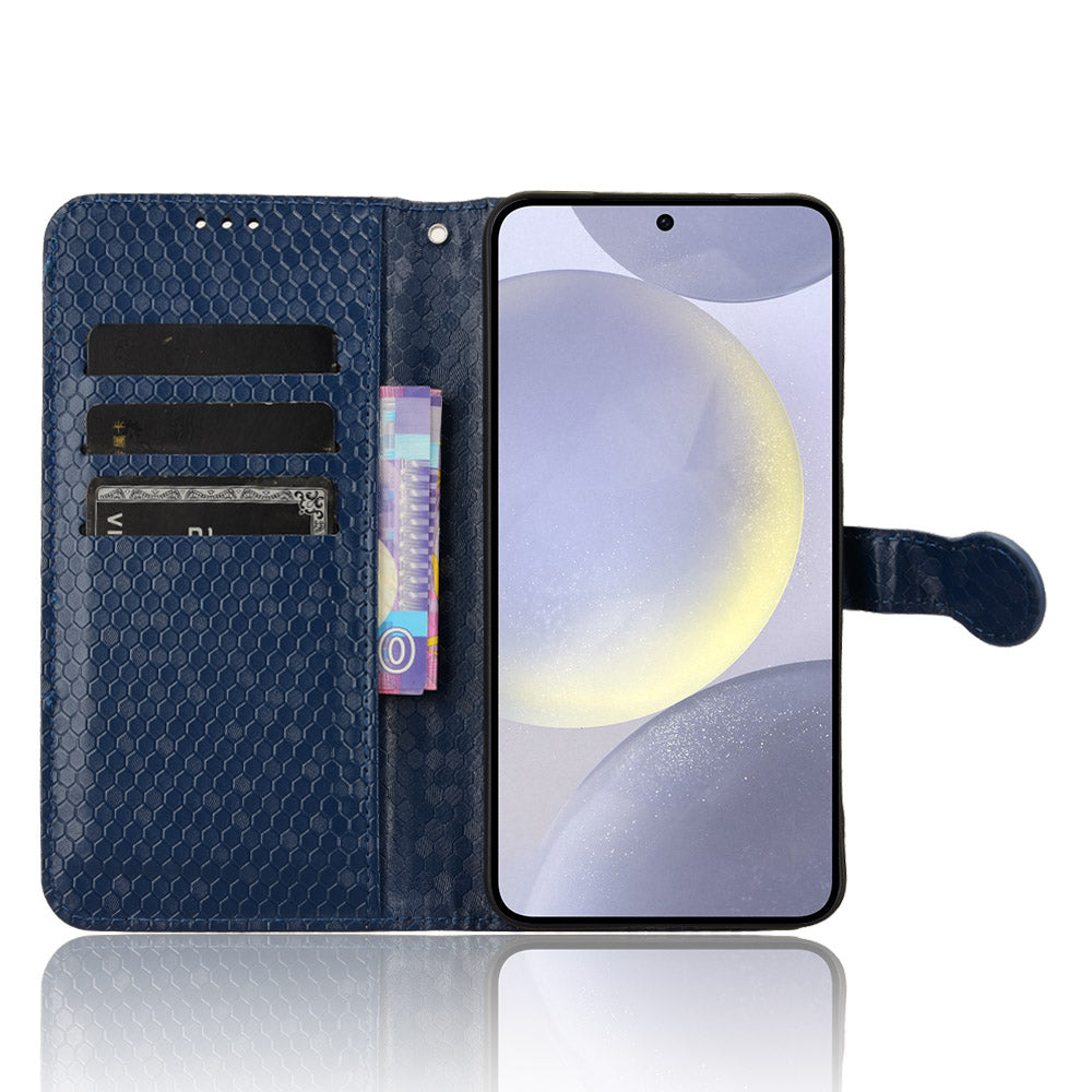 For Samsung Galaxy S24 Cover Dot Imprinted Shockproof Leather Wallet Stand Mobile Phone Case - Dark Blue