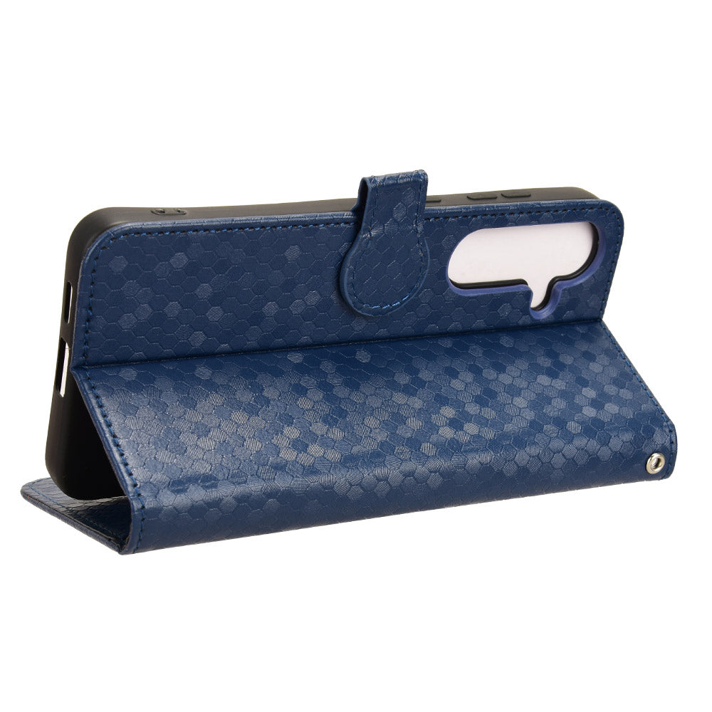For Samsung Galaxy S24 Cover Dot Imprinted Shockproof Leather Wallet Stand Mobile Phone Case - Dark Blue
