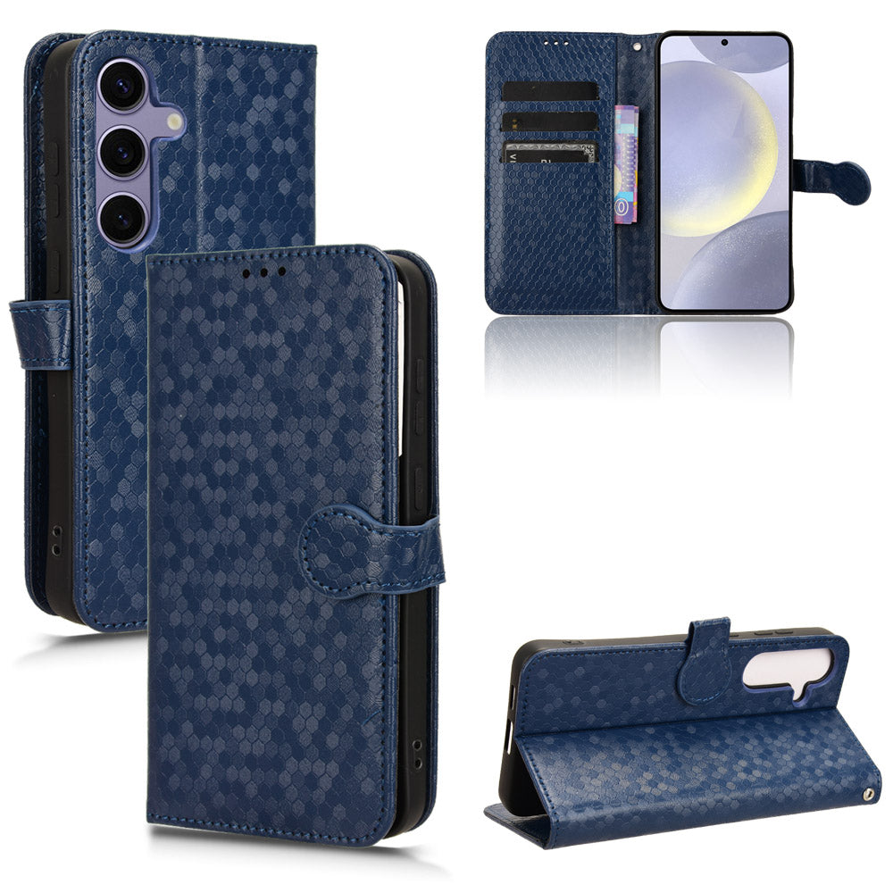 For Samsung Galaxy S24 Cover Dot Imprinted Shockproof Leather Wallet Stand Mobile Phone Case - Dark Blue