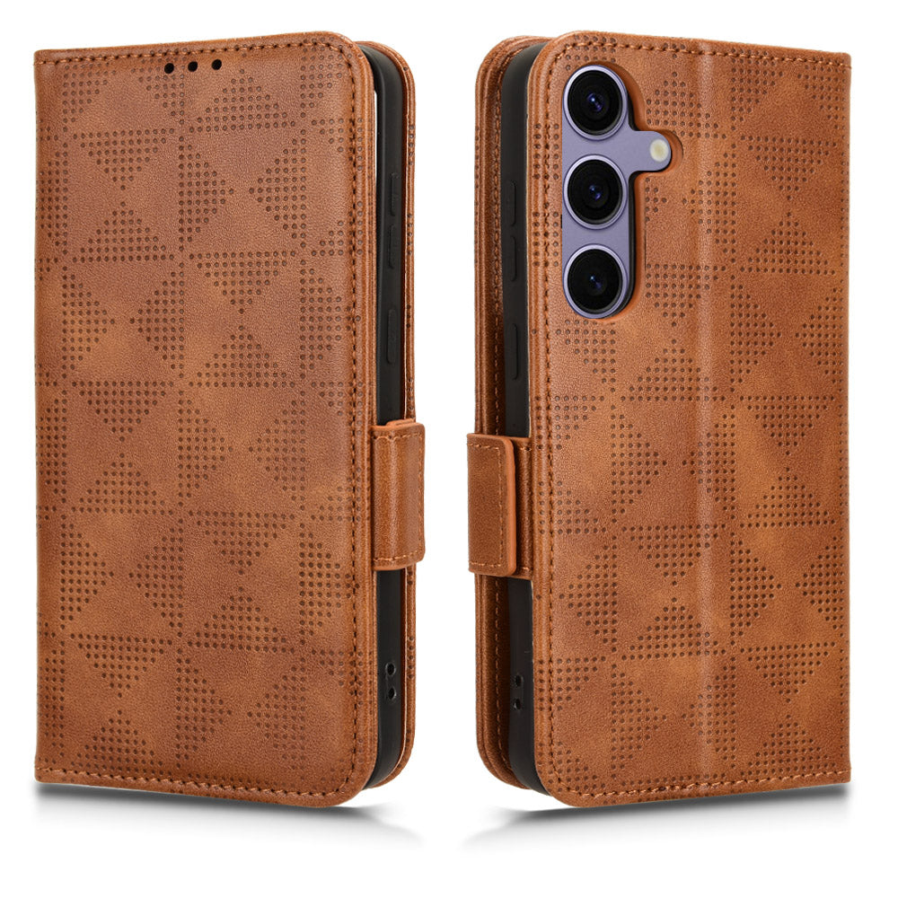 For Samsung Galaxy S24 Cell Phone Case Imprinted Triangle Flip Stand Wallet Leather Cover - Brown