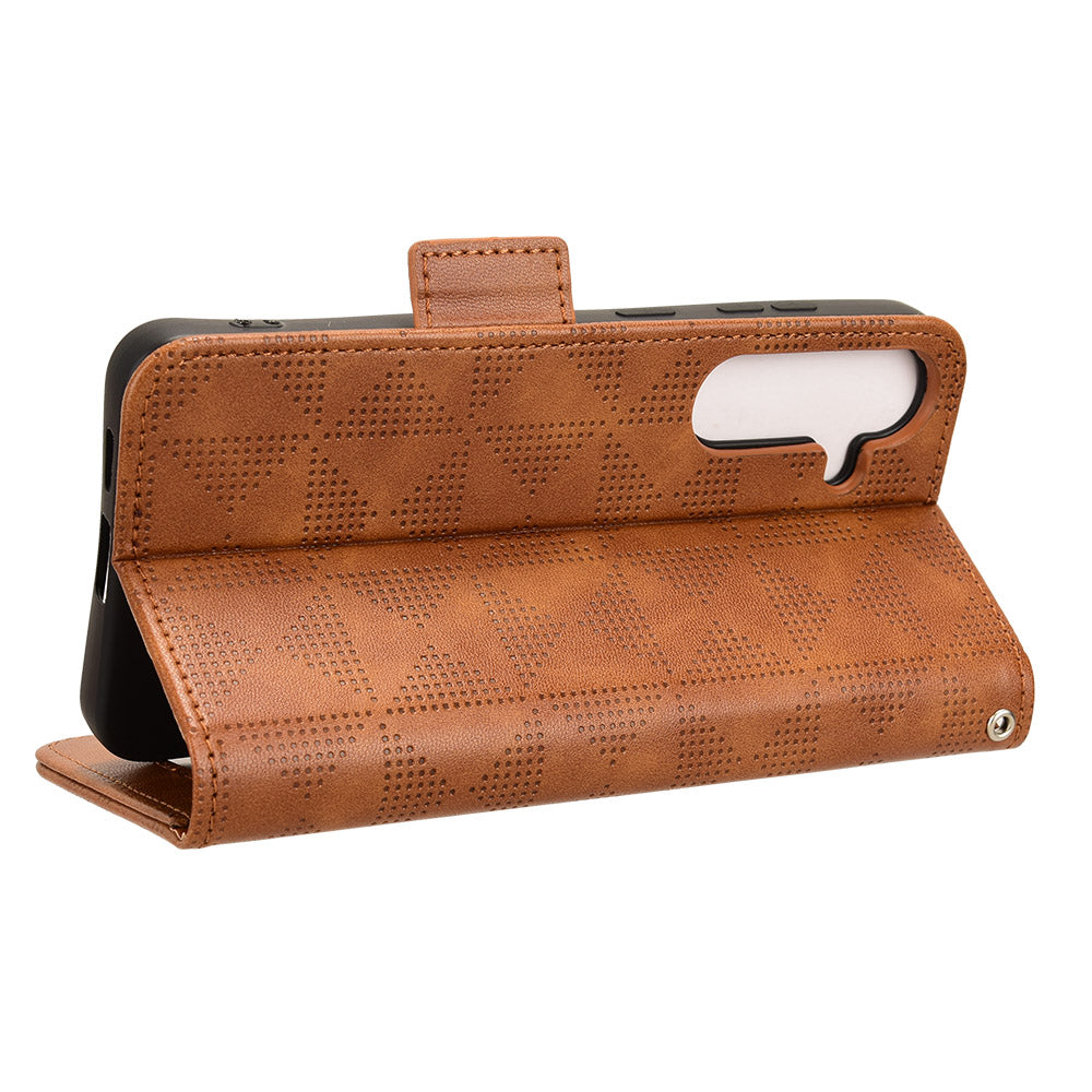 For Samsung Galaxy S24 Cell Phone Case Imprinted Triangle Flip Stand Wallet Leather Cover - Brown