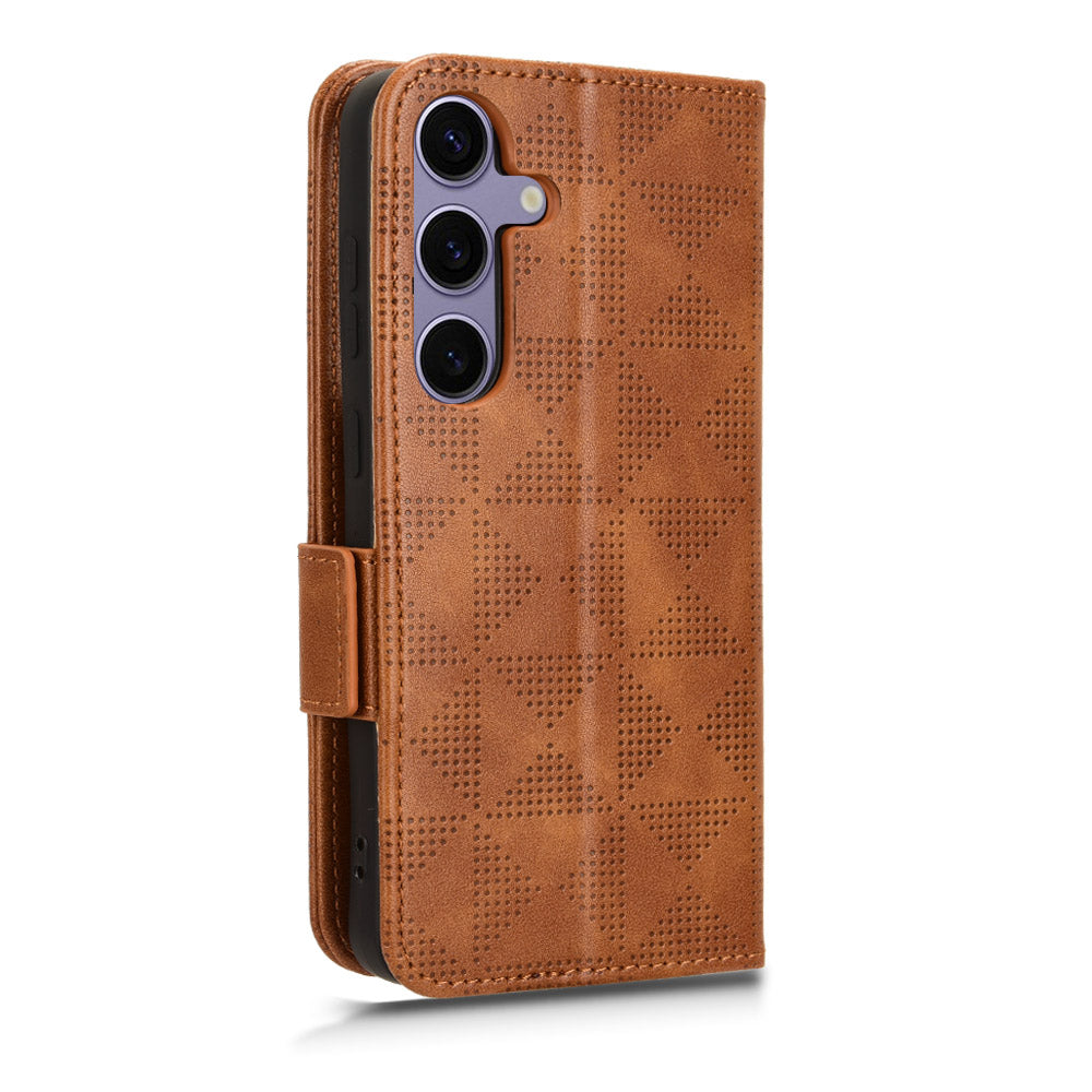 For Samsung Galaxy S24 Cell Phone Case Imprinted Triangle Flip Stand Wallet Leather Cover - Brown