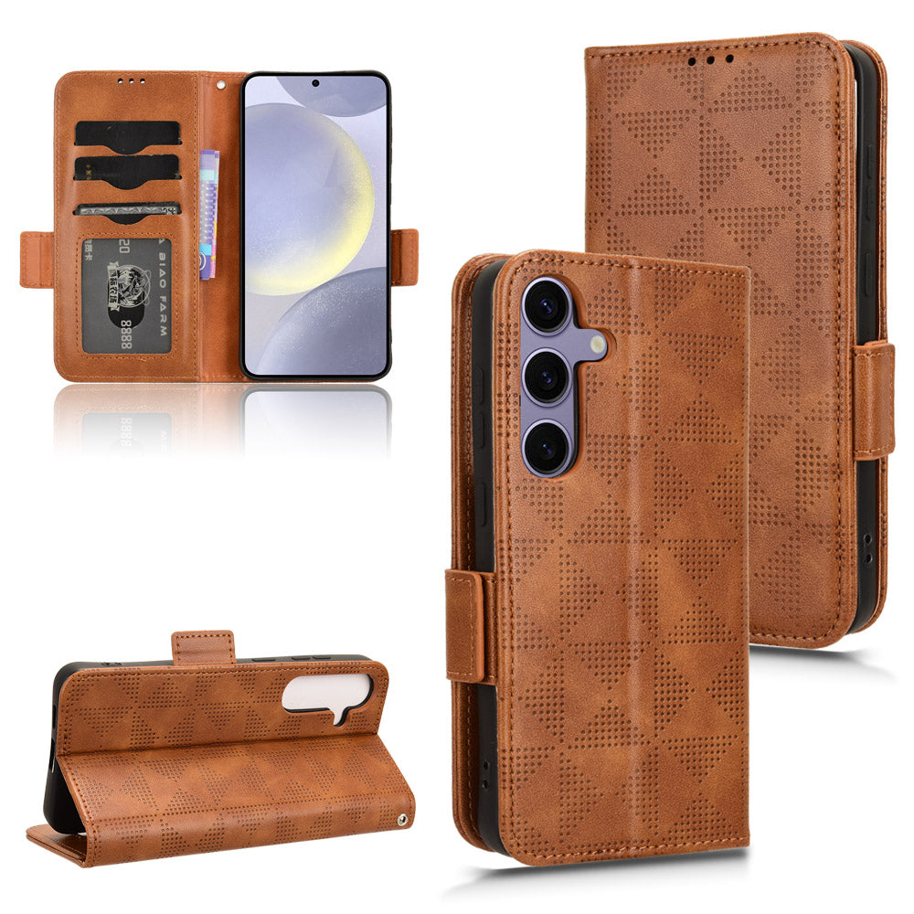 For Samsung Galaxy S24 Cell Phone Case Imprinted Triangle Flip Stand Wallet Leather Cover - Brown