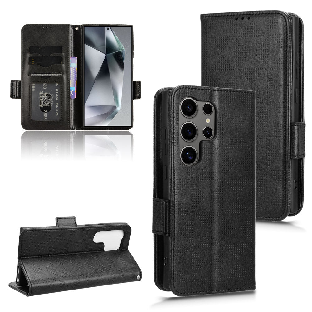 For Samsung Galaxy S24 Ultra Case Imprinted Triangle Leather Wallet Shockproof Cover with Stand - Black