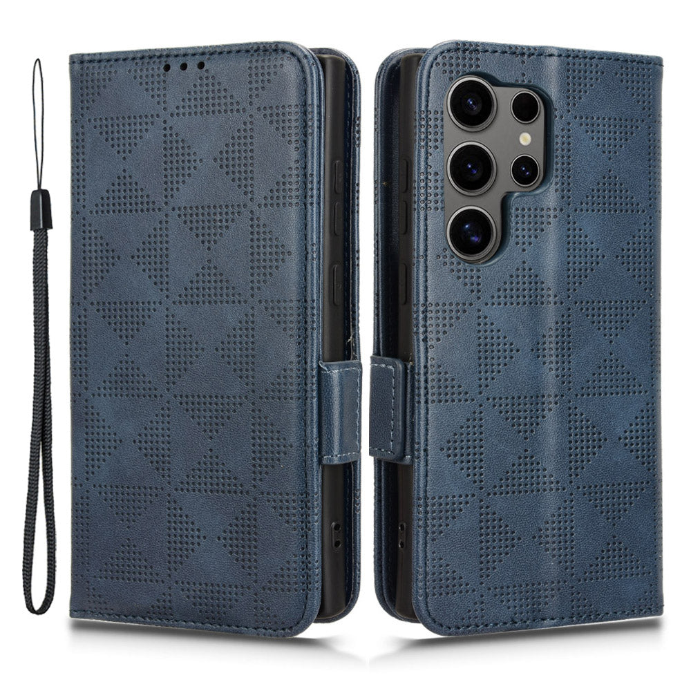 For Samsung Galaxy S24 Ultra Case Imprinted Triangle Leather Wallet Shockproof Cover with Stand - Blue