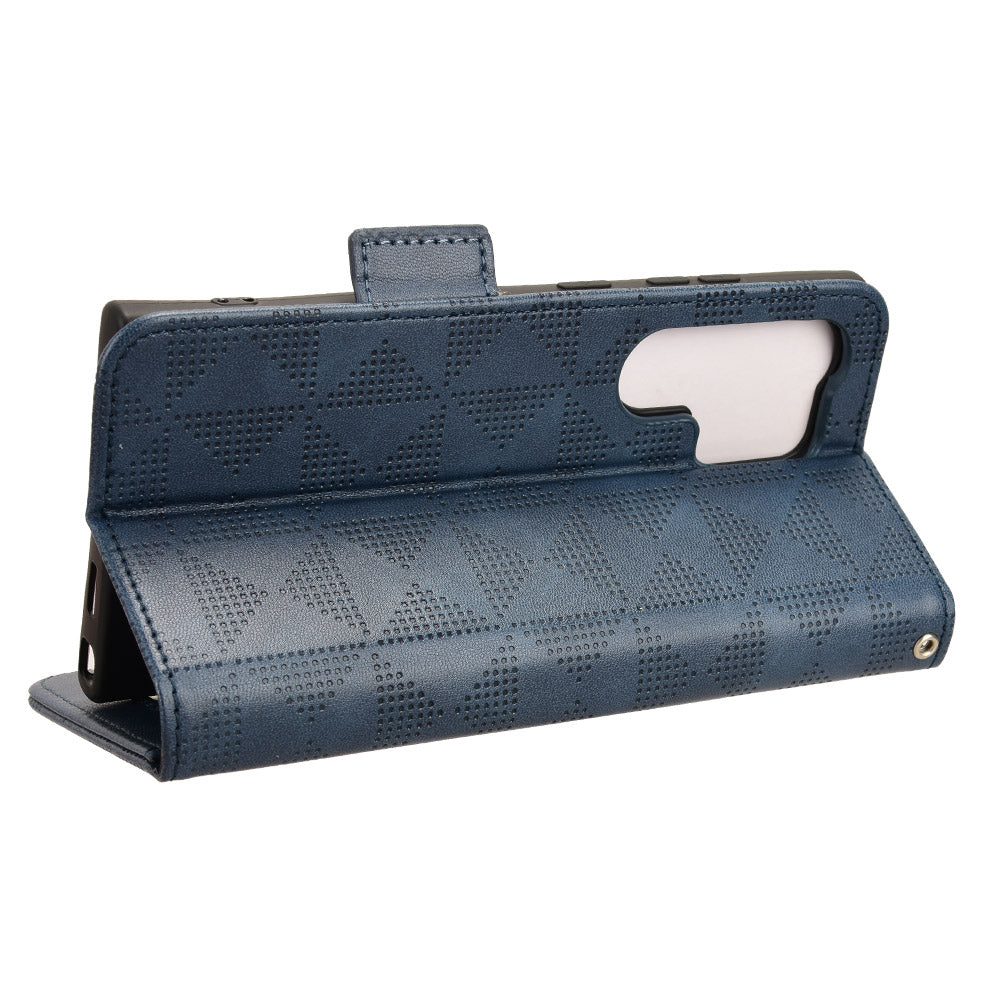 For Samsung Galaxy S24 Ultra Case Imprinted Triangle Leather Wallet Shockproof Cover with Stand - Blue