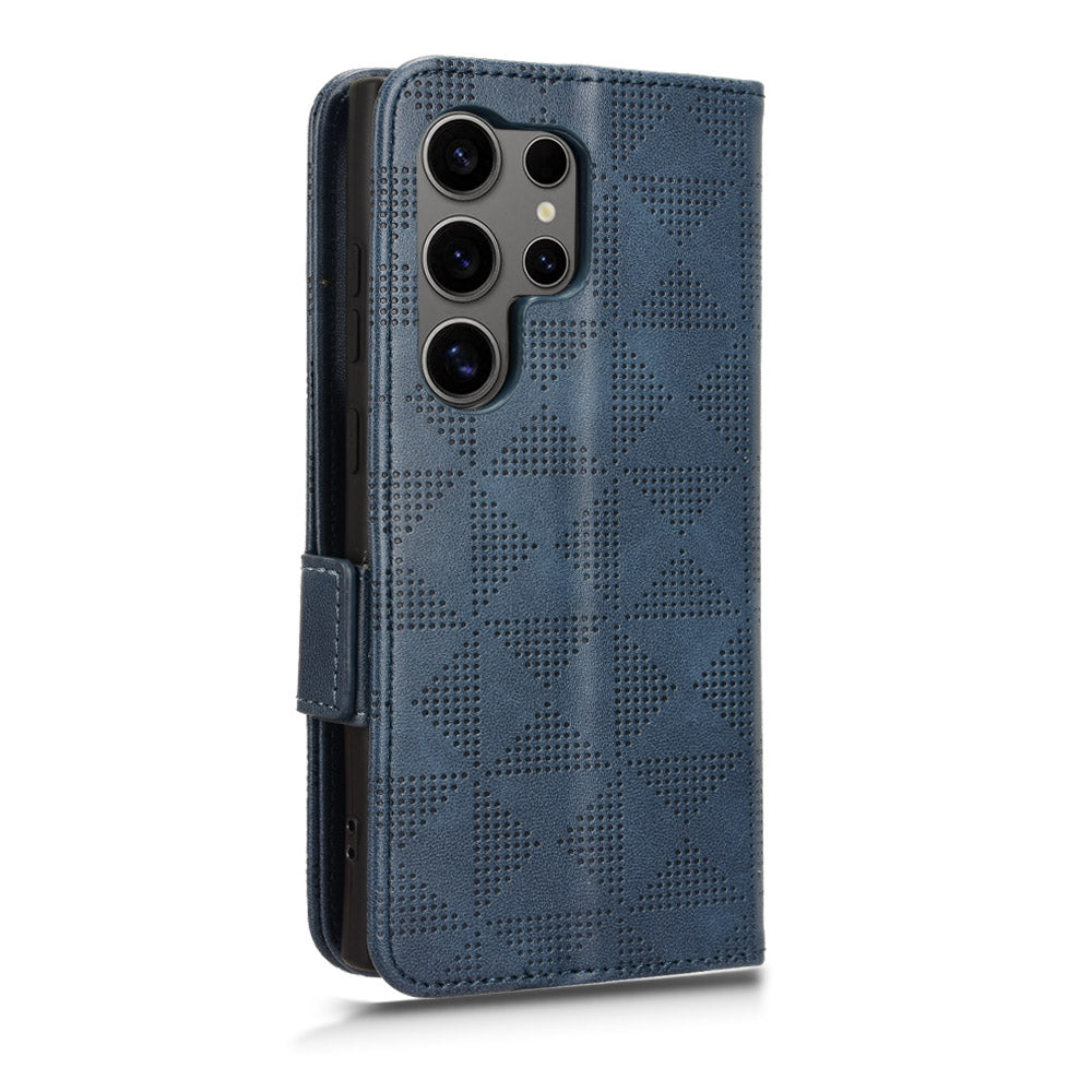 For Samsung Galaxy S24 Ultra Case Imprinted Triangle Leather Wallet Shockproof Cover with Stand - Blue