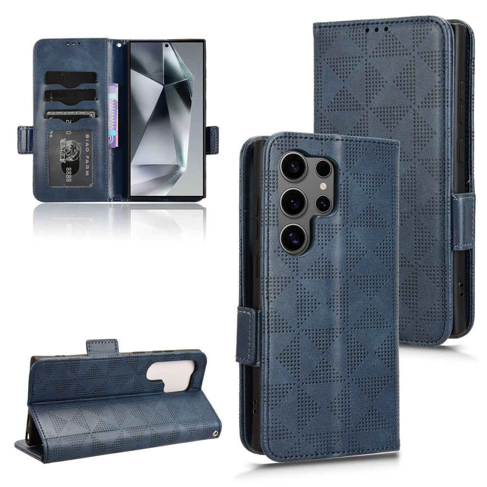 For Samsung Galaxy S24 Ultra Case Imprinted Triangle Leather Wallet Shockproof Cover with Stand - Blue
