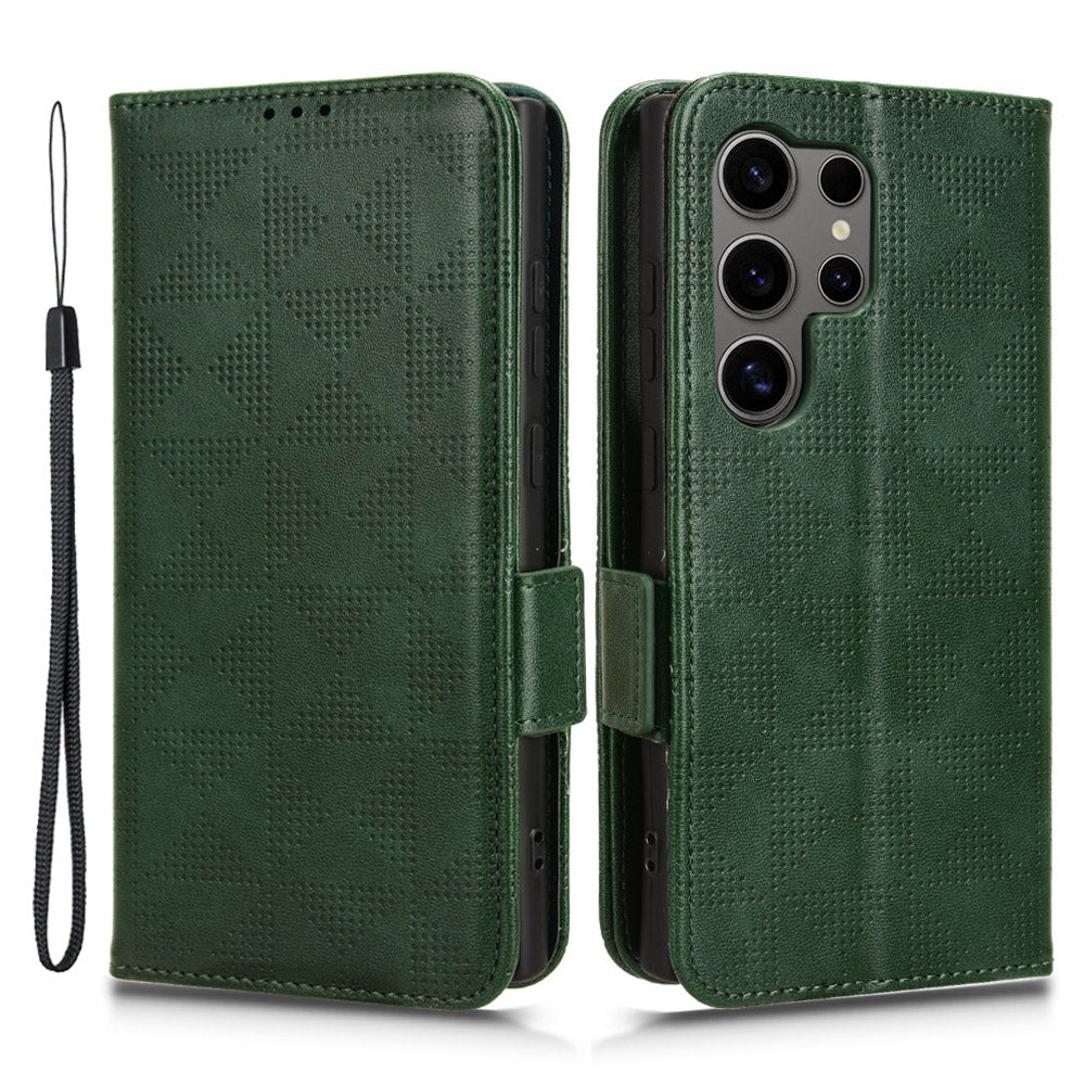 For Samsung Galaxy S24 Ultra Case Imprinted Triangle Leather Wallet Shockproof Cover with Stand - Green