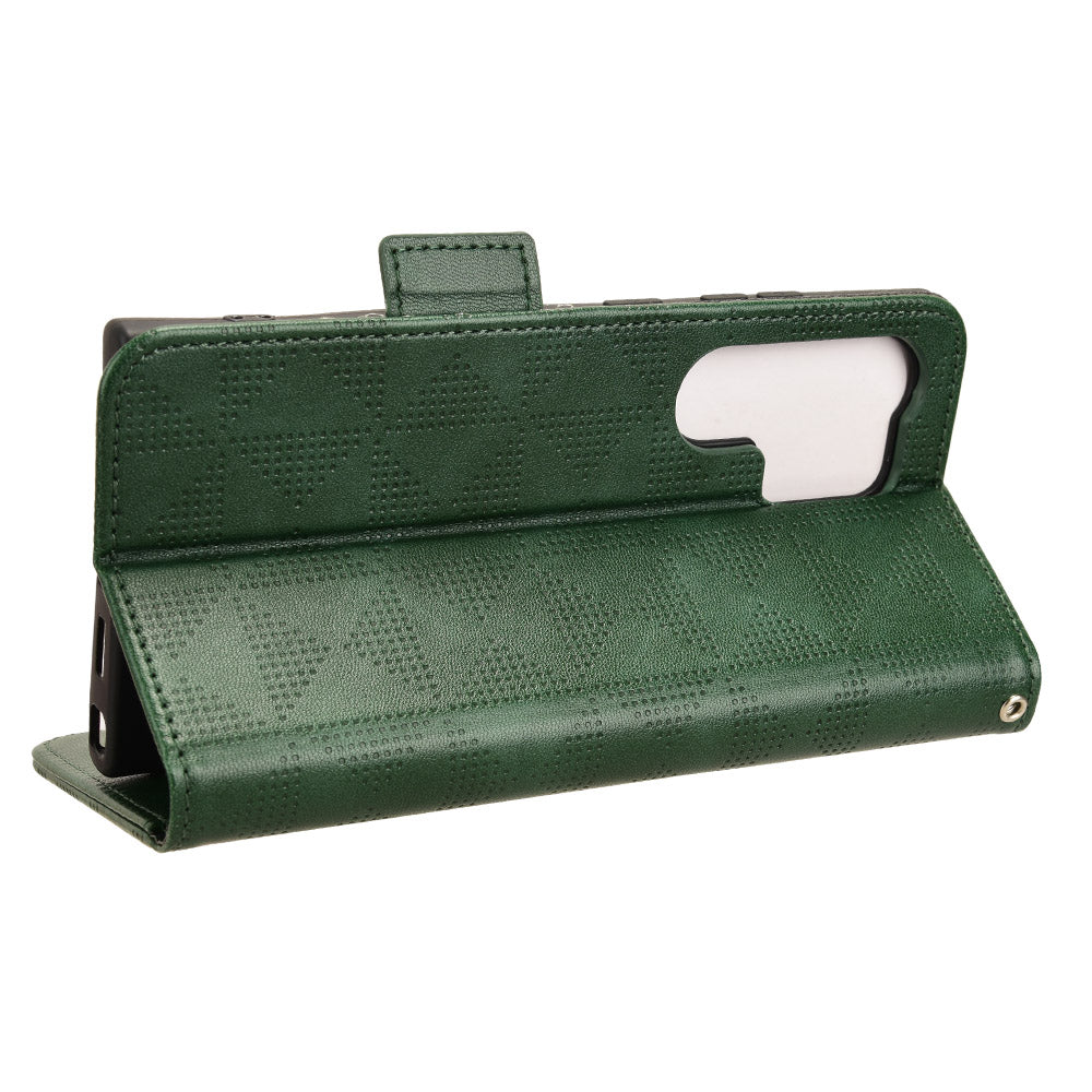 For Samsung Galaxy S24 Ultra Case Imprinted Triangle Leather Wallet Shockproof Cover with Stand - Green