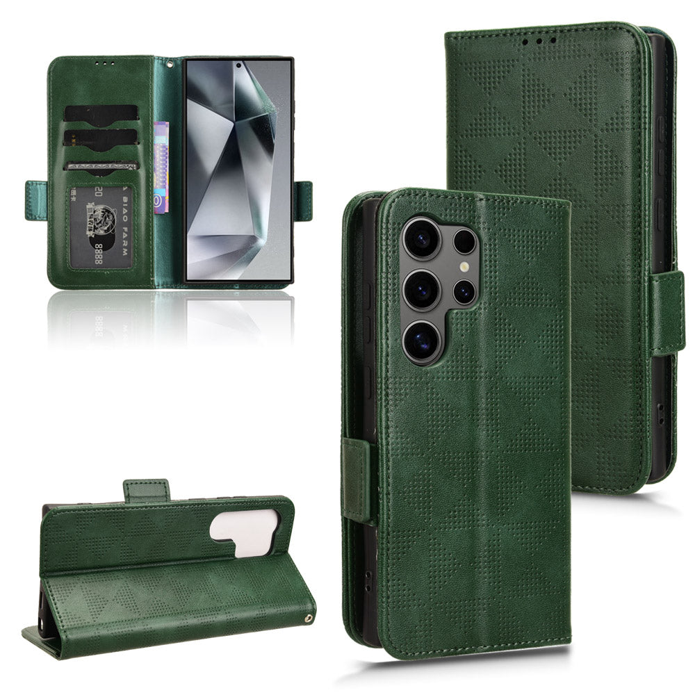 For Samsung Galaxy S24 Ultra Case Imprinted Triangle Leather Wallet Shockproof Cover with Stand - Green