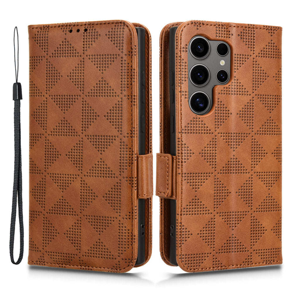For Samsung Galaxy S24 Ultra Case Imprinted Triangle Leather Wallet Shockproof Cover with Stand - Brown