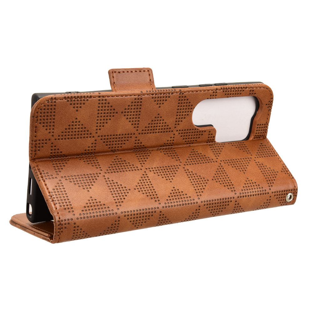 For Samsung Galaxy S24 Ultra Case Imprinted Triangle Leather Wallet Shockproof Cover with Stand - Brown