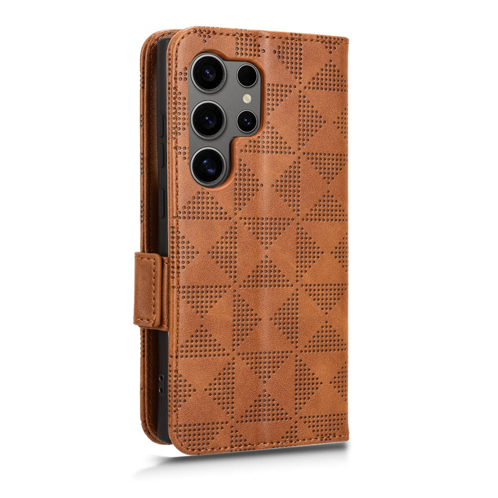 For Samsung Galaxy S24 Ultra Case Imprinted Triangle Leather Wallet Shockproof Cover with Stand - Brown