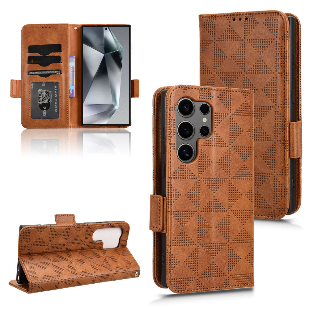 For Samsung Galaxy S24 Ultra Case Imprinted Triangle Leather Wallet Shockproof Cover with Stand - Brown
