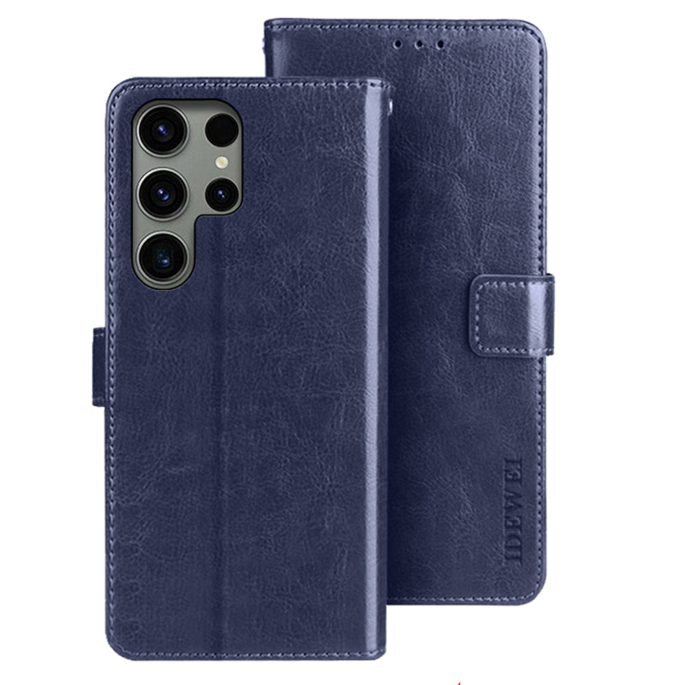 IDEWEI For Samsung Galaxy S24 Ultra Leather Case Crazy Horse Leather Folio Flip Phone Wallet - Dark Blue