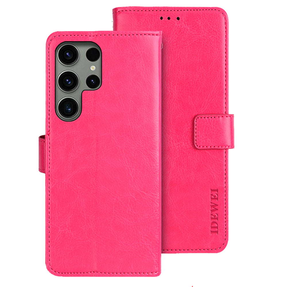 IDEWEI For Samsung Galaxy S24 Ultra Leather Case Crazy Horse Leather Folio Flip Phone Wallet - Rose