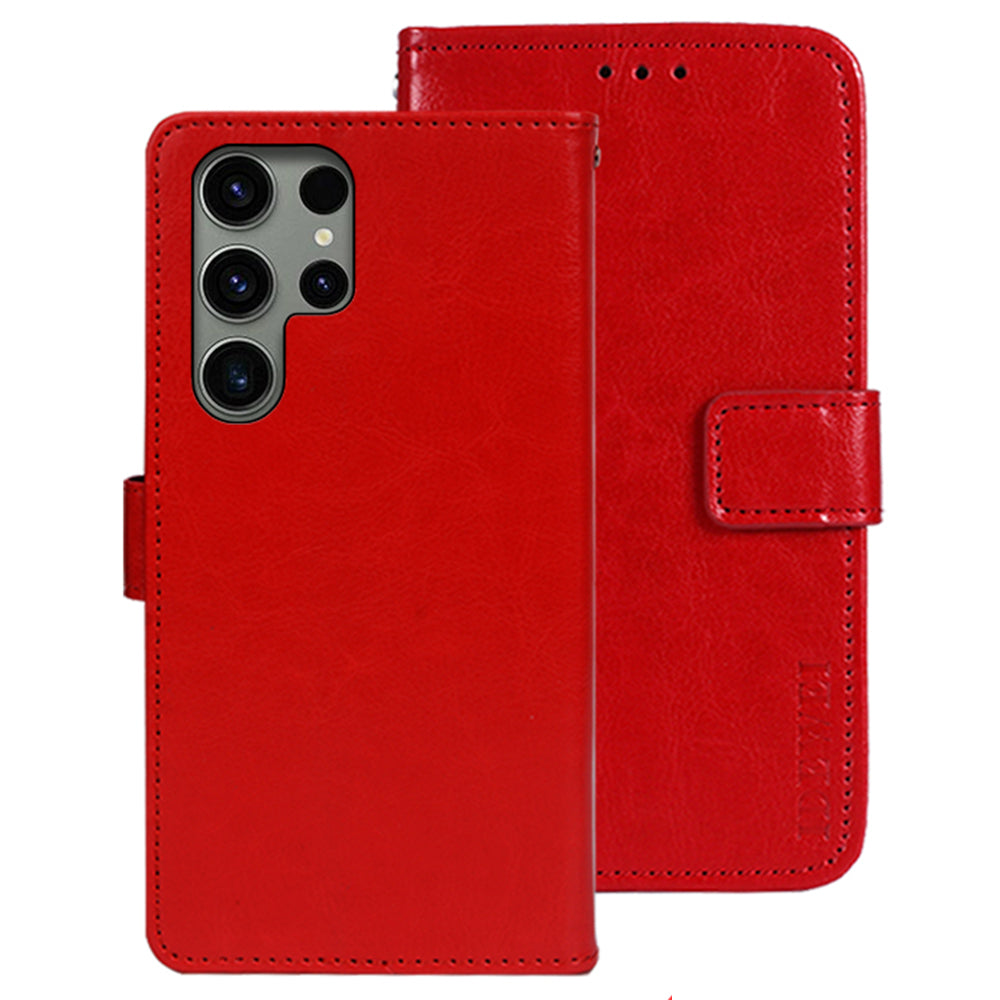 IDEWEI For Samsung Galaxy S24 Ultra Leather Case Crazy Horse Leather Folio Flip Phone Wallet - Red