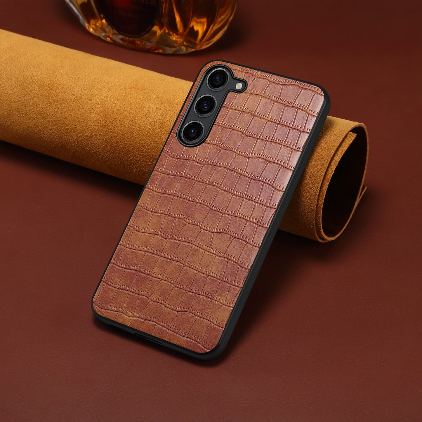 For Samsung Galaxy S24+ Case Crocodile Textured PU+PC+TPU Fall Proof Phone Cover - Brown