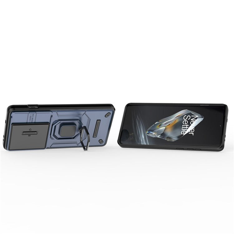 For OnePlus 12 5G Cell Phone Case Anti-drop Kickstand Back Cover with Slide Camera Lid - Blue