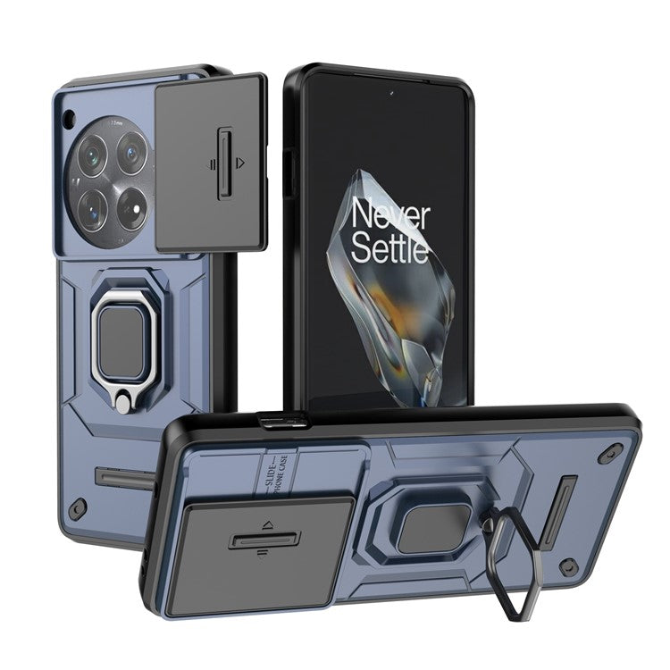 For OnePlus 12 5G Cell Phone Case Anti-drop Kickstand Back Cover with Slide Camera Lid - Blue