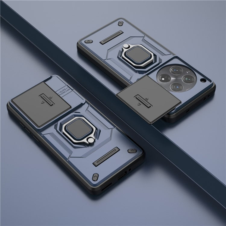 For OnePlus 12 5G Cell Phone Case Anti-drop Kickstand Back Cover with Slide Camera Lid - Blue