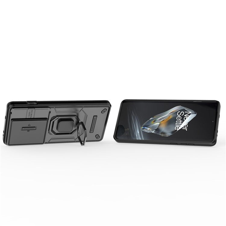 For OnePlus 12 5G Cell Phone Case Anti-drop Kickstand Back Cover with Slide Camera Lid - Black