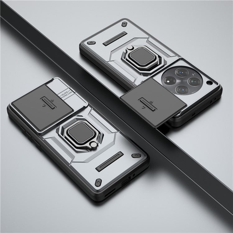 For OnePlus 12 5G Cell Phone Case Anti-drop Kickstand Back Cover with Slide Camera Lid - Grey