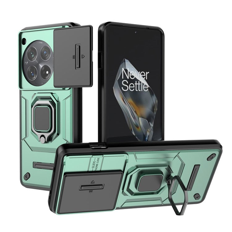 For OnePlus 12 5G Cell Phone Case Anti-drop Kickstand Back Cover with Slide Camera Lid - Green