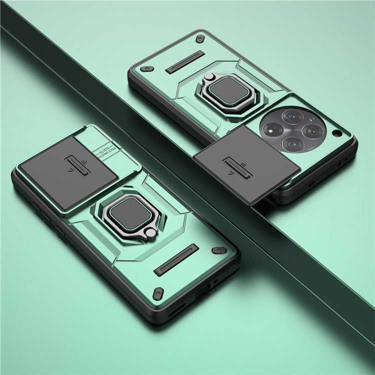For OnePlus 12 5G Cell Phone Case Anti-drop Kickstand Back Cover with Slide Camera Lid - Green