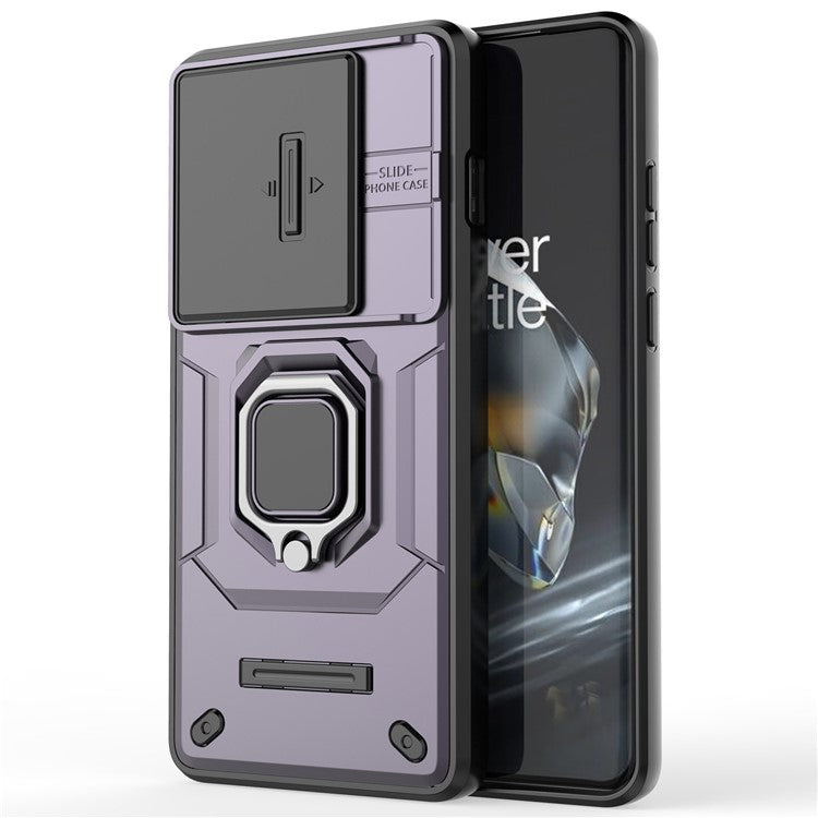 For OnePlus 12 5G Cell Phone Case Anti-drop Kickstand Back Cover with Slide Camera Lid - Purple