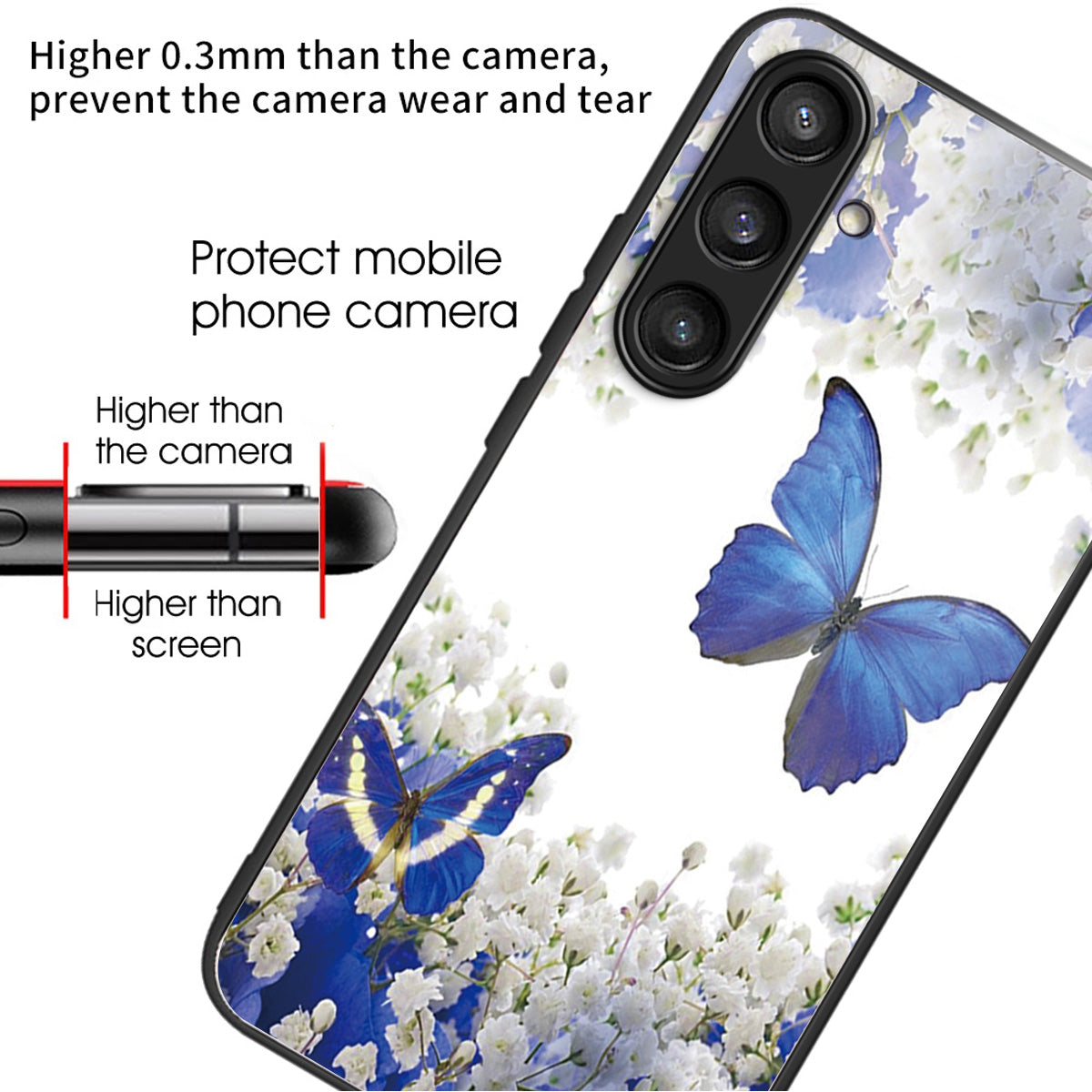 For Samsung Galaxy S24+ Phone Case Tempered Glass+TPU Anti-drop Cover - Blue Butterflies