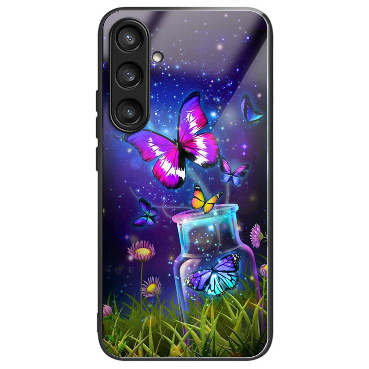 For Samsung Galaxy S24 TPU+Tempered Glass Case Pattern Printing Anti-drop Cover - Bottle / Butterfly