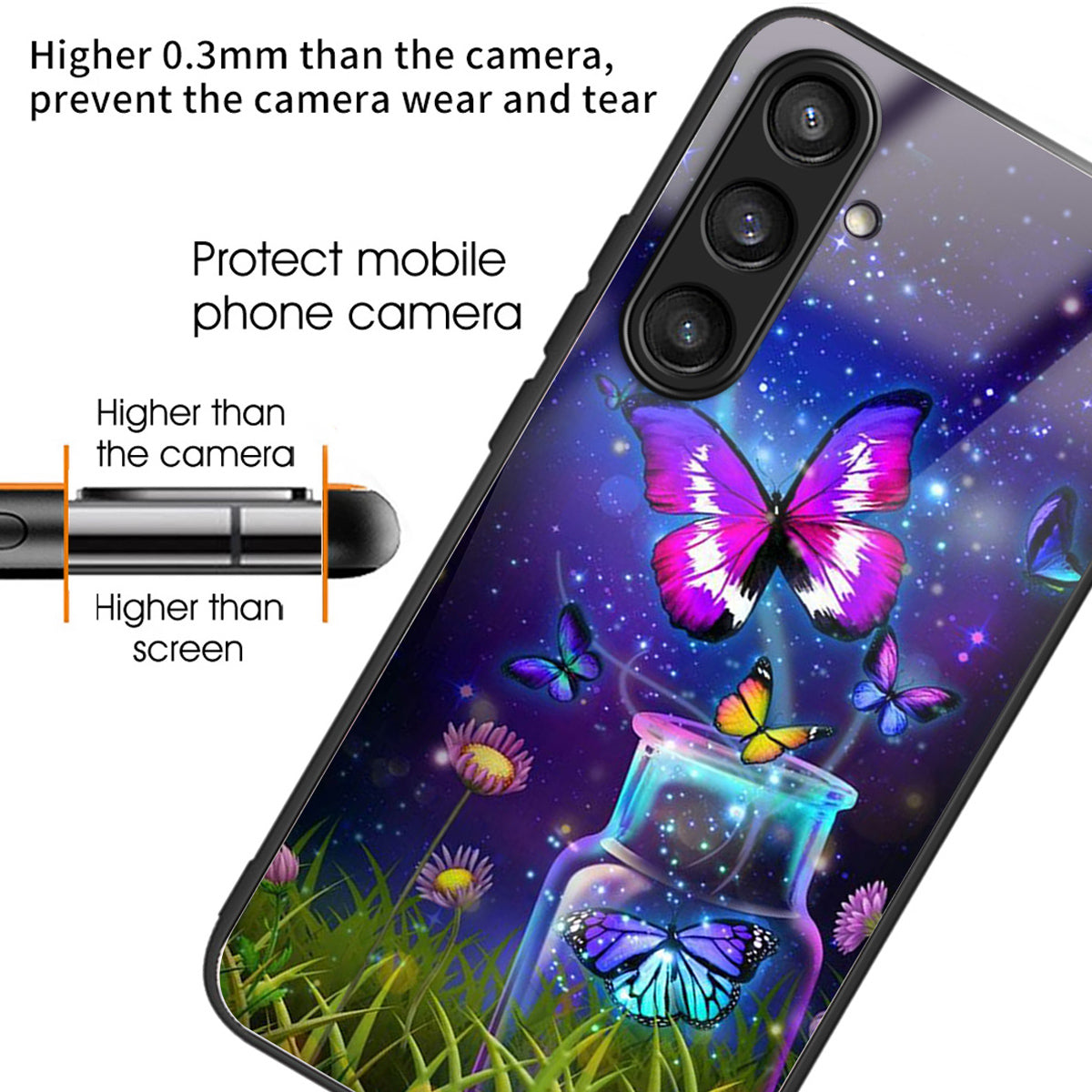 For Samsung Galaxy S24 TPU+Tempered Glass Case Pattern Printing Anti-drop Cover - Bottle / Butterfly