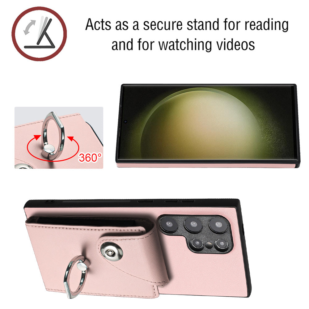 YB Leather Coating Series-7 for Samsung Galaxy S24 Ultra Magnetic Phone Case Card Holder Cover - Pink