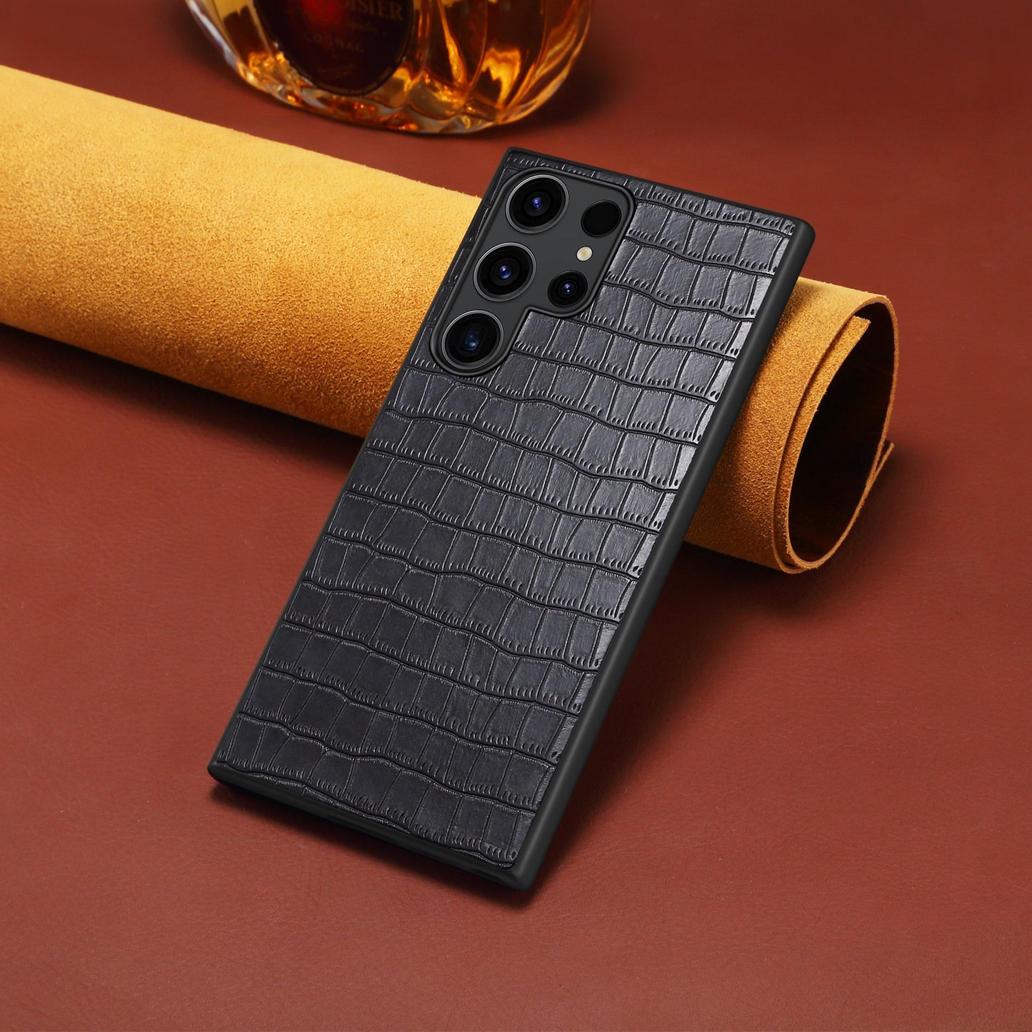 For Samsung Galaxy S24 Ultra Case PU+PC+TPU Crocodile Textured Smart Phone Cover - Black