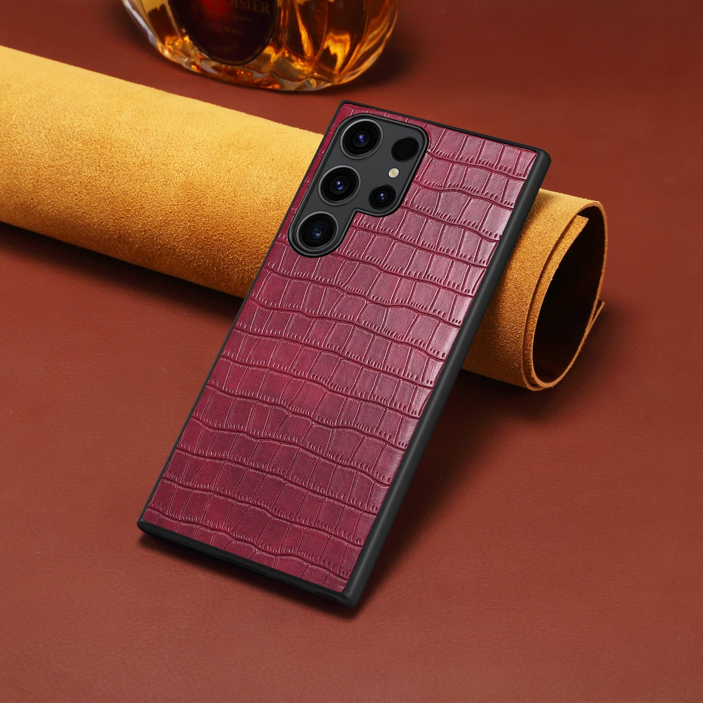 For Samsung Galaxy S24 Ultra Case PU+PC+TPU Crocodile Textured Smart Phone Cover - Rose