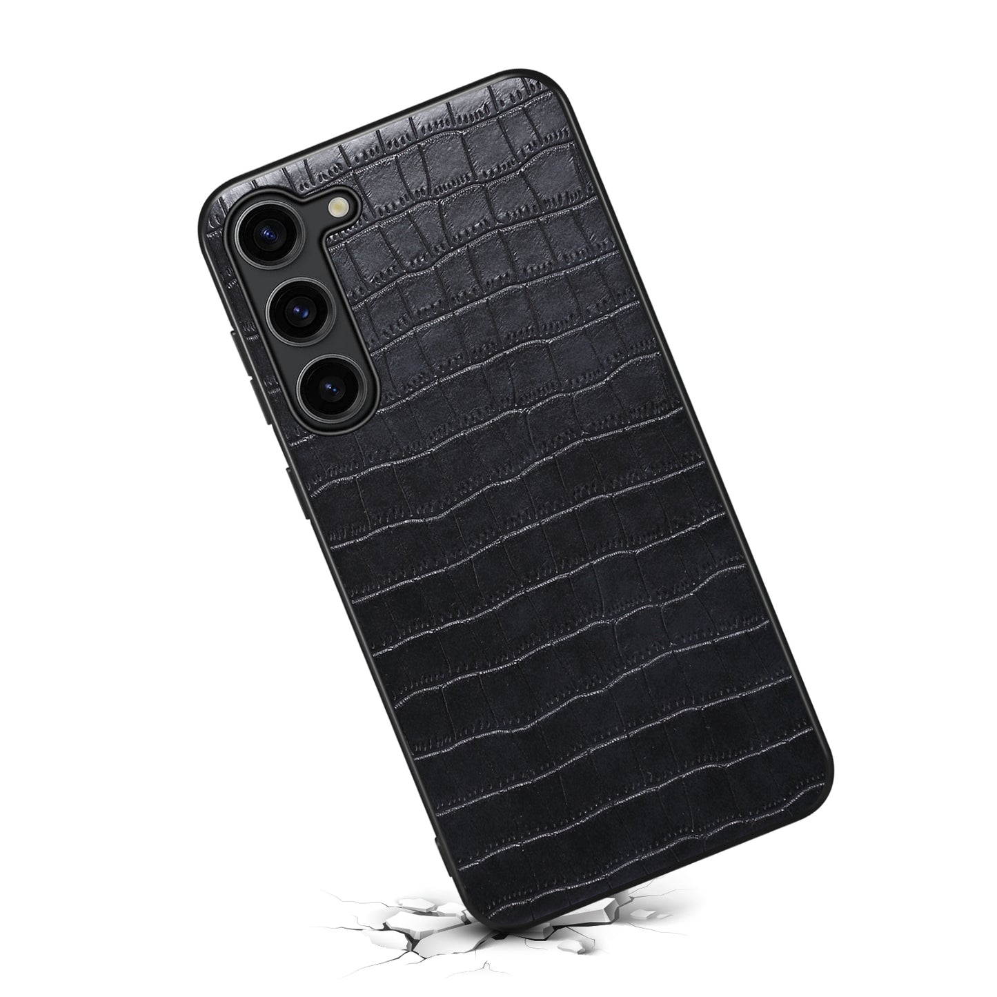 For Samsung Galaxy S24 Back Case PU Leather Coated PC+TPU Crocodile Texture Phone Cover - Black