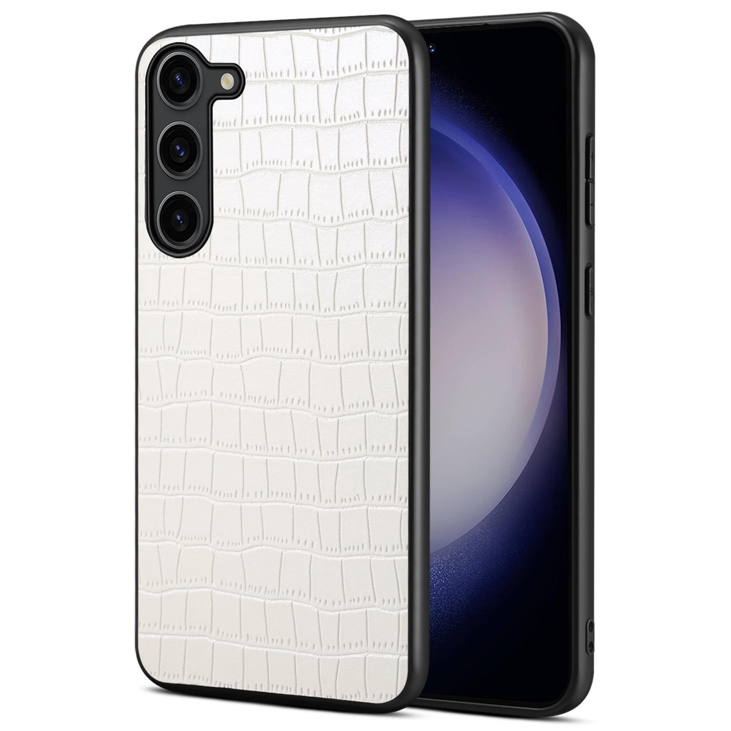 For Samsung Galaxy S24 Back Case PU Leather Coated PC+TPU Crocodile Texture Phone Cover - White