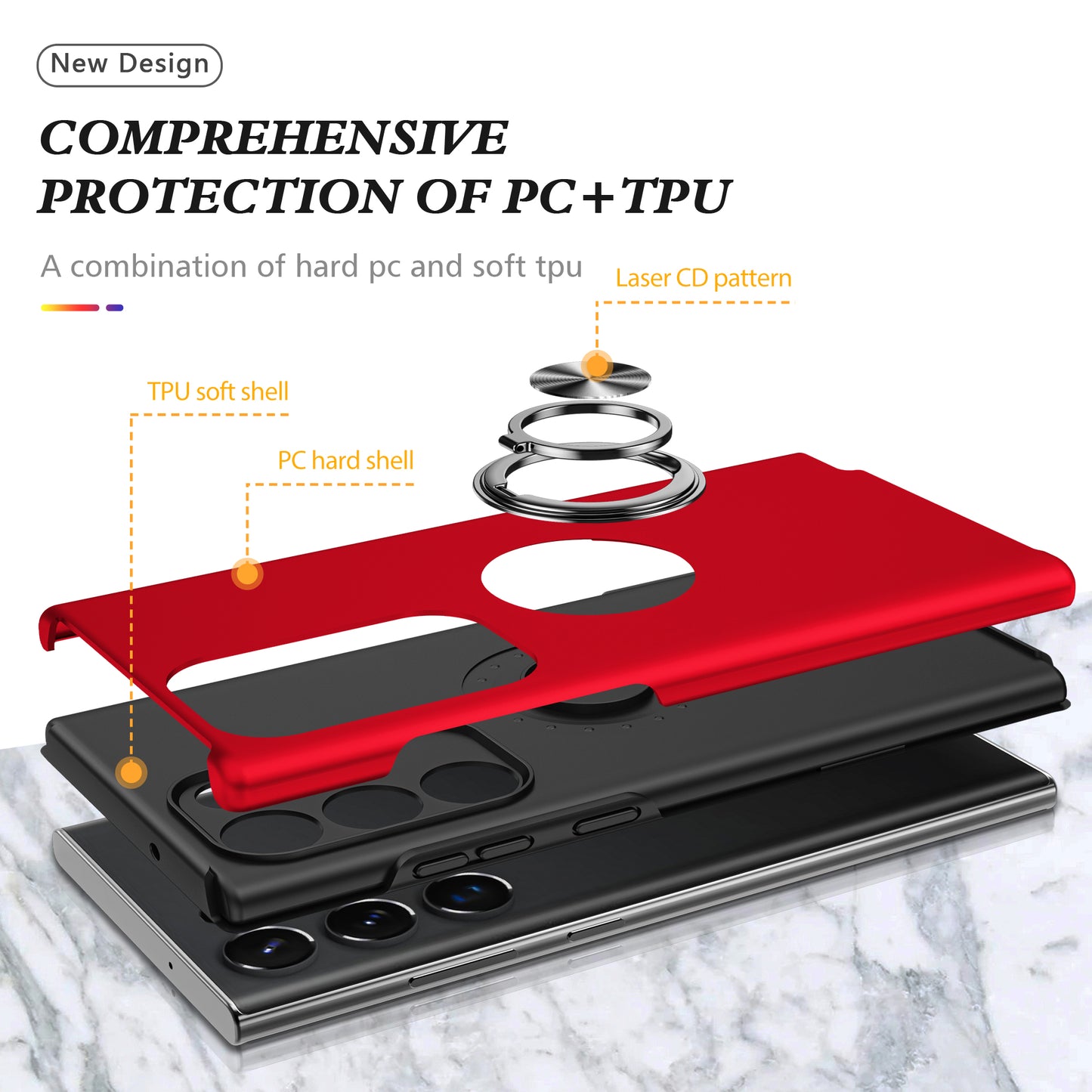 For Samsung Galaxy S24 Ultra Cell Phone Case Anti-scratch Ring Kickstand Back Shell - Red