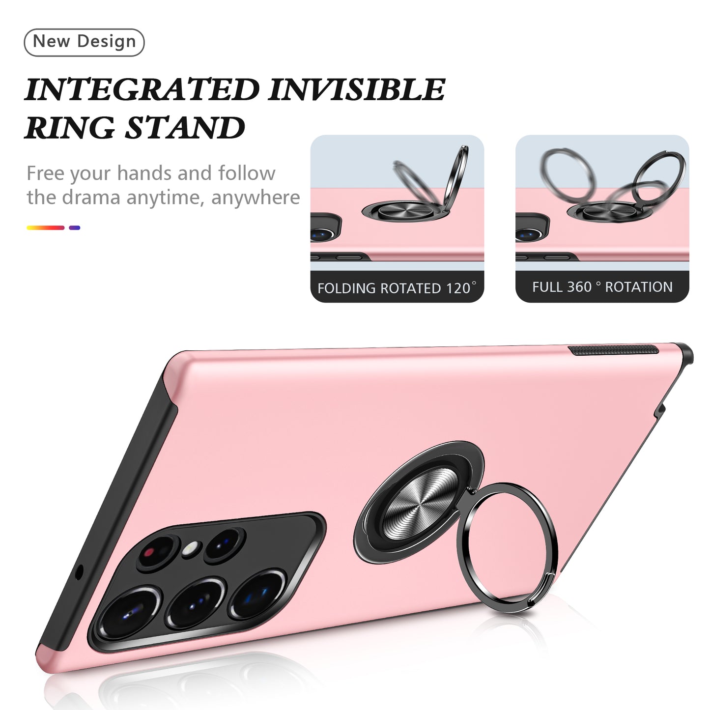 For Samsung Galaxy S24 Ultra Cell Phone Case Anti-scratch Ring Kickstand Back Shell - Rose Gold