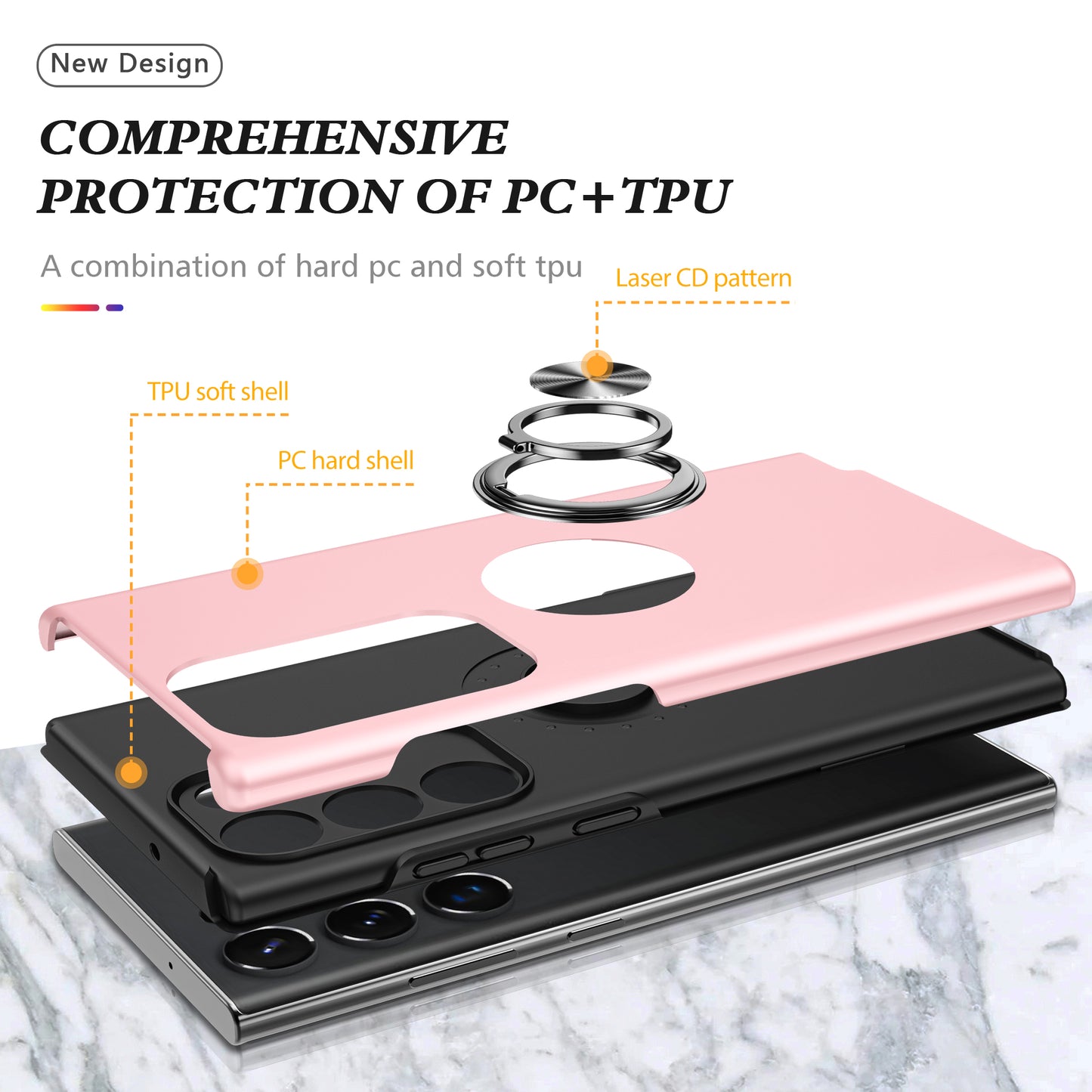 For Samsung Galaxy S24 Ultra Cell Phone Case Anti-scratch Ring Kickstand Back Shell - Rose Gold