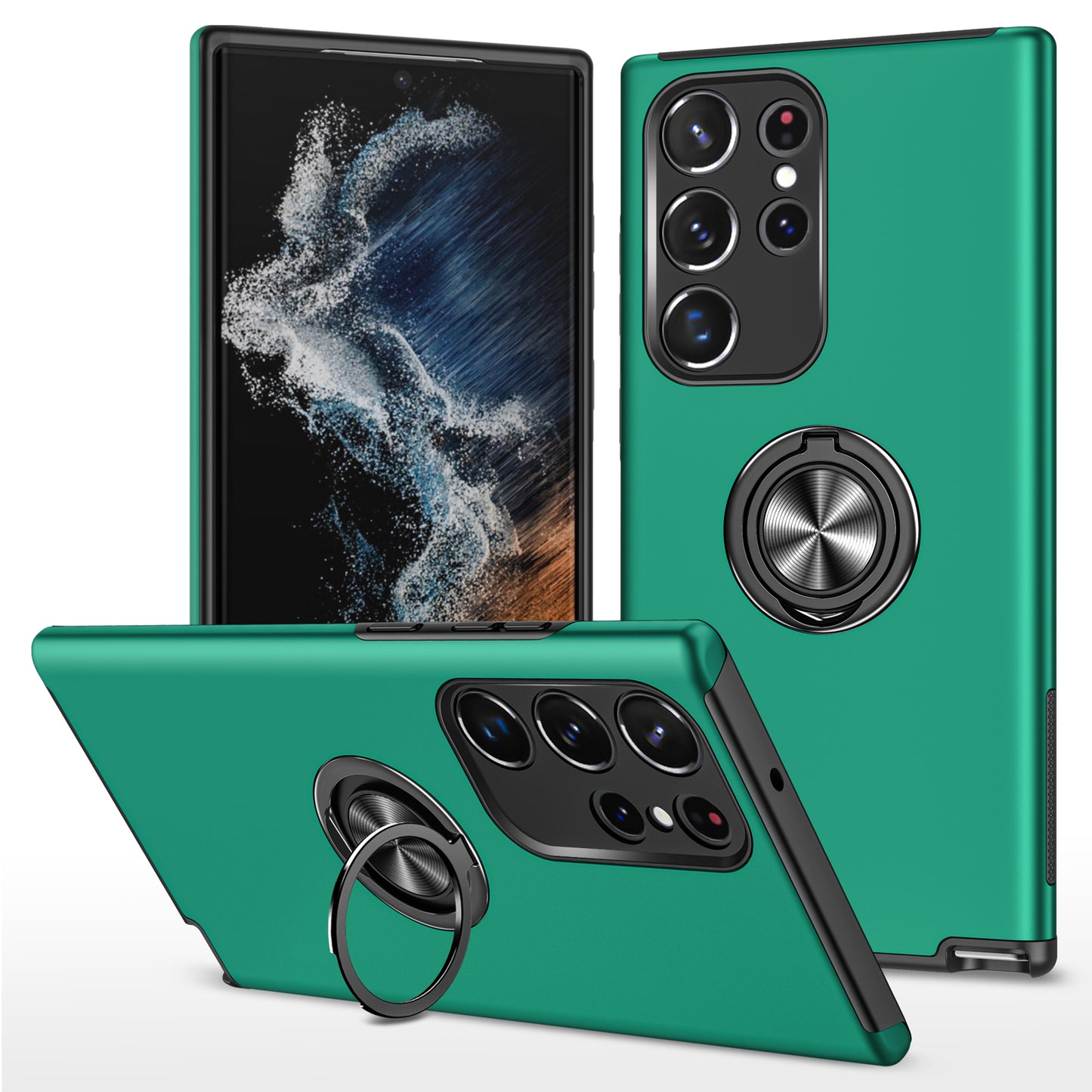 For Samsung Galaxy S24 Ultra Cell Phone Case Anti-scratch Ring Kickstand Back Shell - Blackish Green