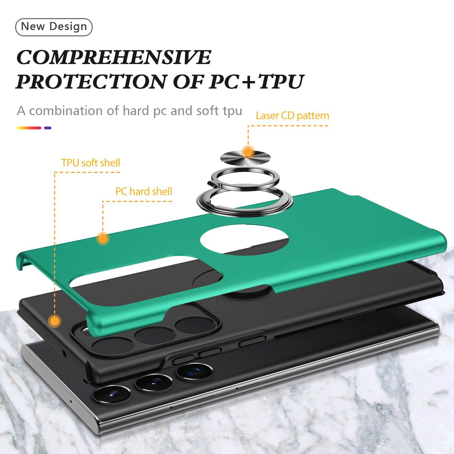 For Samsung Galaxy S24 Ultra Cell Phone Case Anti-scratch Ring Kickstand Back Shell - Blackish Green